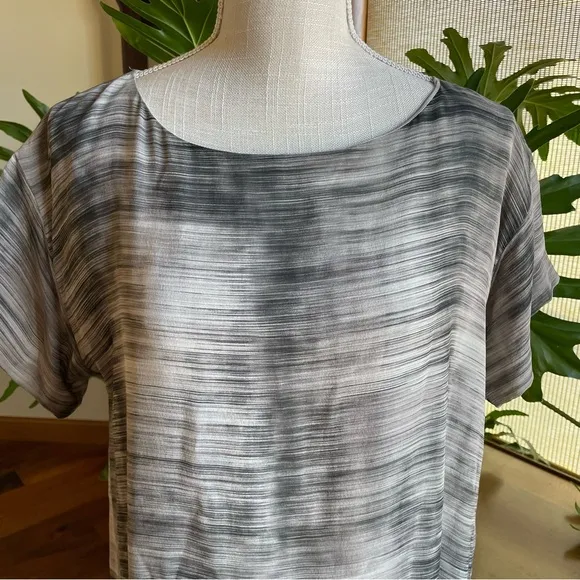 Eileen Fisher Daze Silk Neutral Minimalist Striped Short Sleeve Shift Midi Dress