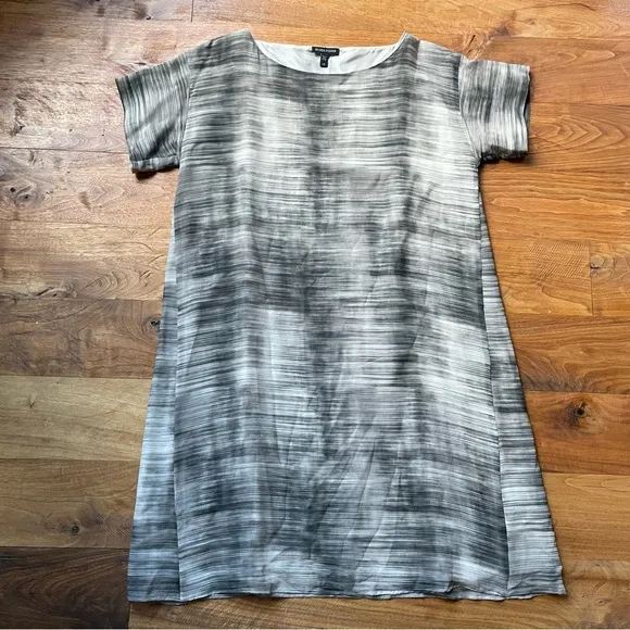 Eileen Fisher Daze Silk Neutral Minimalist Striped Short Sleeve Shift Midi Dress
