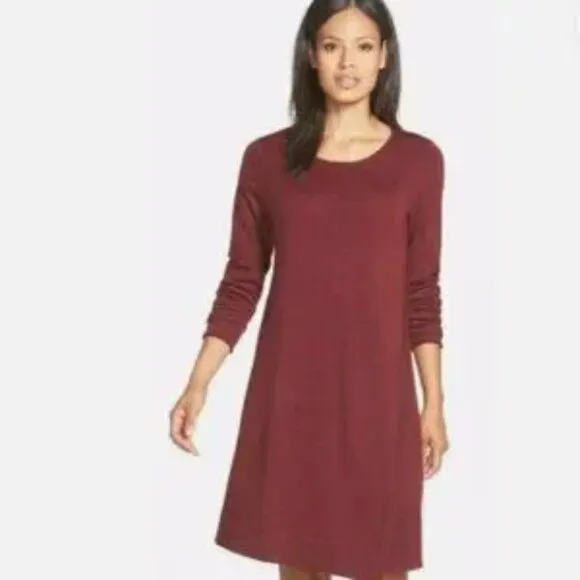 Eileen Fisher Dress Midi Sweater Merino Wool Minimalist Red Passion Flower SMALL