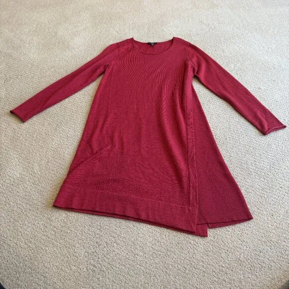 Eileen Fisher Dress Midi Sweater Merino Wool Minimalist Red Passion Flower SMALL