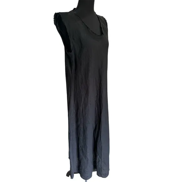 Eileen Fisher Maxi Dress S 100% Organic Linen Black Minimalist Raw Hem