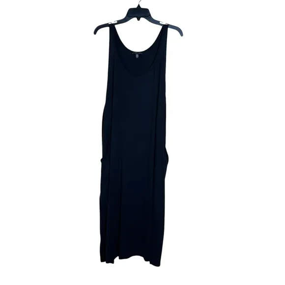 Eileen Fisher Women’s Size L Black Midi Tank Dress Minimalist Lagenlook Pockets