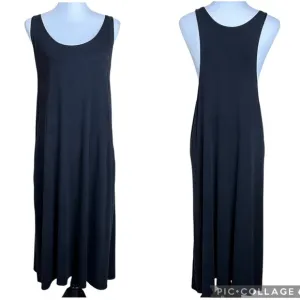 Eileen Fisher Women’s Size L Black Midi Tank Dress Minimalist Lagenlook Pockets