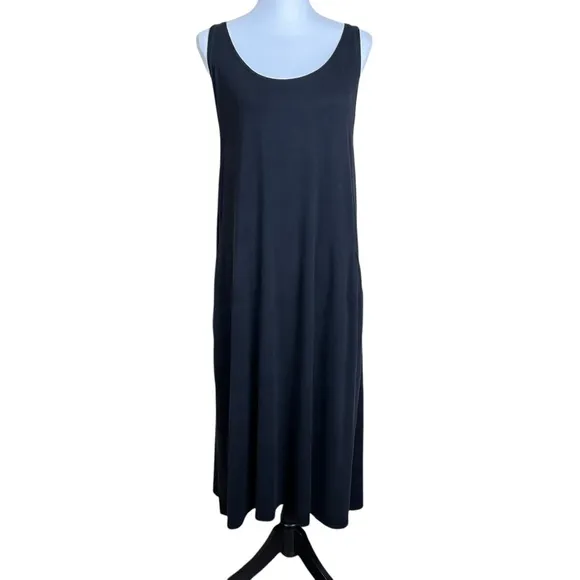 Eileen Fisher Women’s Size L Black Midi Tank Dress Minimalist Lagenlook Pockets