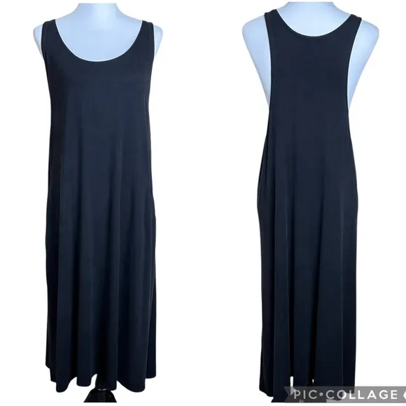Eileen Fisher Women’s Size L Black Midi Tank Dress Minimalist Lagenlook Pockets