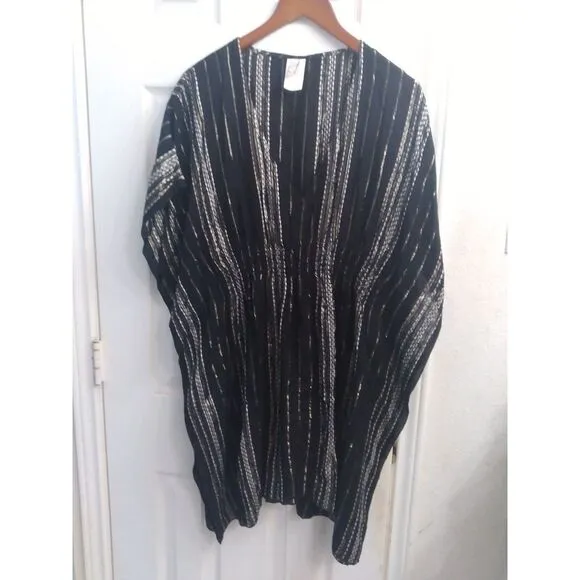 Elegant Black &amp; Silver Striped Kaftan‎ Dress Metallic Evening Wear Loose Fit