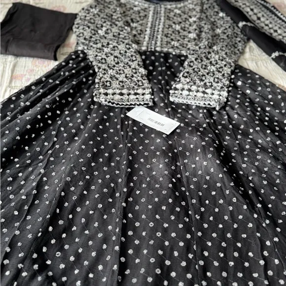 Elegant Black and White/pearl Desi embellished gown formal luxury