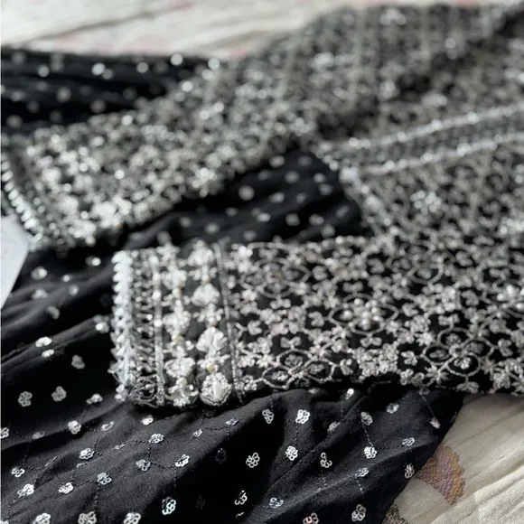 Elegant Black and White/pearl Desi embellished gown formal luxury
