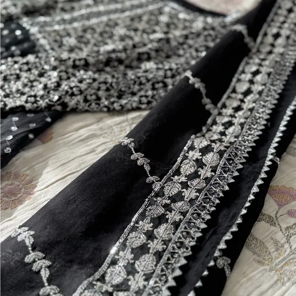 Elegant Black and White/pearl Desi embellished gown formal luxury