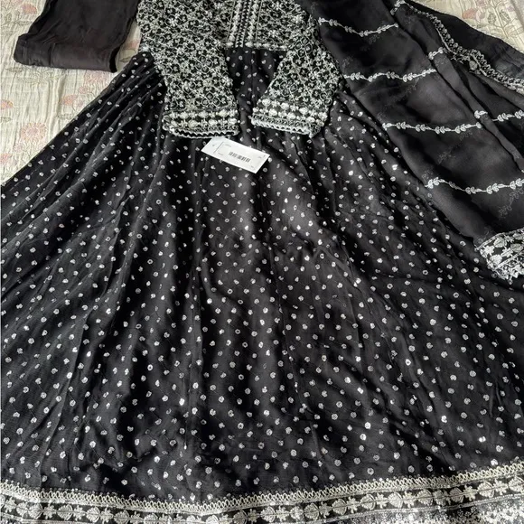 Elegant Black and White/pearl Desi embellished gown formal luxury