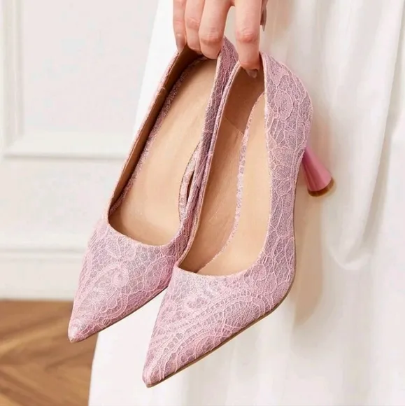 Elegant Pink Lace Pointed Toe High Heel Pumps,Comfortable Party Shoes For Women