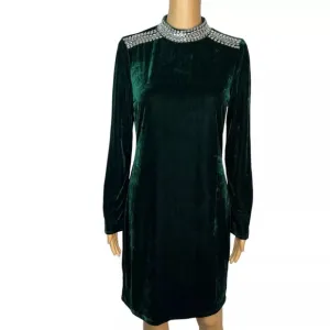 Elie Tahari Velvet Dress Emeral Green Beaded Bodycon Fashionable Quiet Luxury