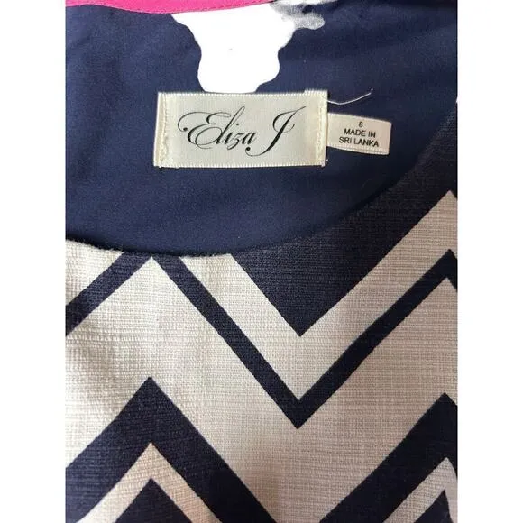 Eliza J Navy White Chevron Gold Zipper Sleeveless Sheath Dress Size 8