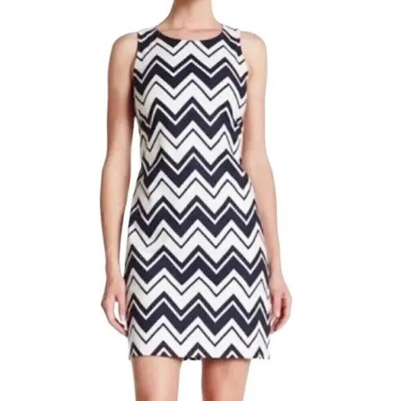 Eliza J Navy White Chevron Gold Zipper Sleeveless Sheath Dress Size 8