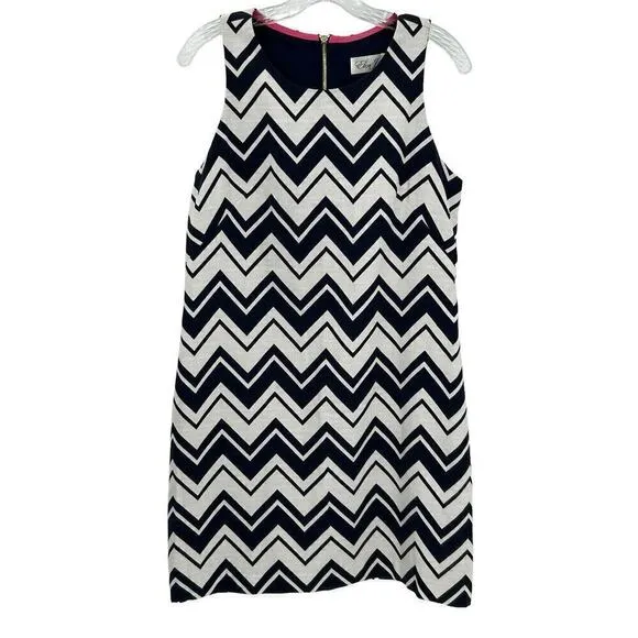 Eliza J Navy White Chevron Gold Zipper Sleeveless Sheath Dress Size 8