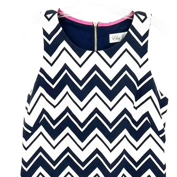 Eliza J Navy White Chevron Gold Zipper Sleeveless Sheath Dress Size 8