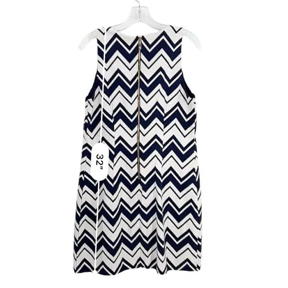 Eliza J Navy White Chevron Gold Zipper Sleeveless Sheath Dress Size 8