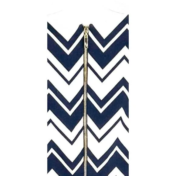 Eliza J Navy White Chevron Gold Zipper Sleeveless Sheath Dress Size 8