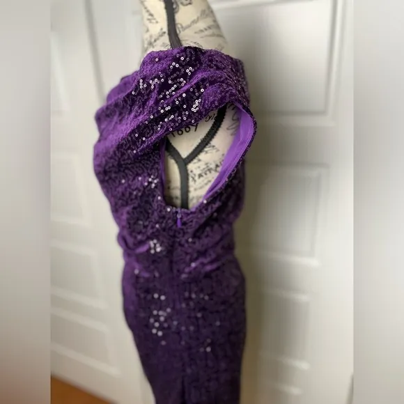 Eliza J • sequin velvet sheath dress purple draped cowl