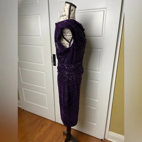 Eliza J • sequin velvet sheath dress purple draped cowl