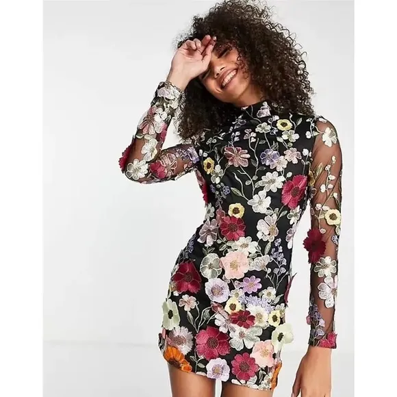 Embroidered Flowers Black Bell Skirt Mini Dress, Designed With Luxury In Mind