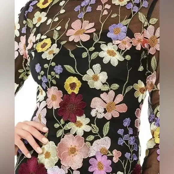 Embroidered Flowers Black Bell Skirt Mini Dress, Designed With Luxury In Mind