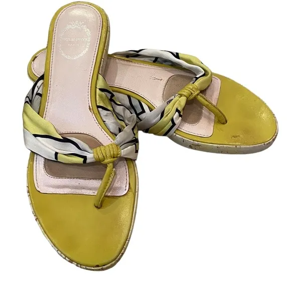 Emilio Pucci thong sandal slide slippers silk scarf chartreuse 7.5 37.5