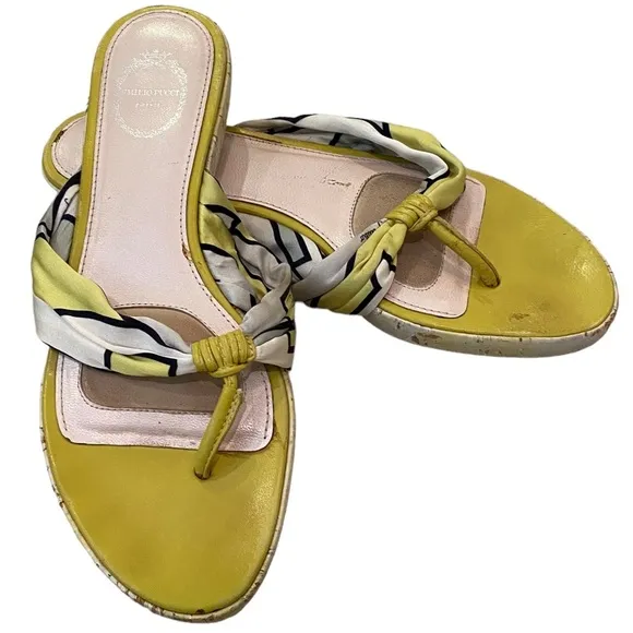 Emilio Pucci thong sandal slide slippers silk scarf chartreuse 7.5 37.5