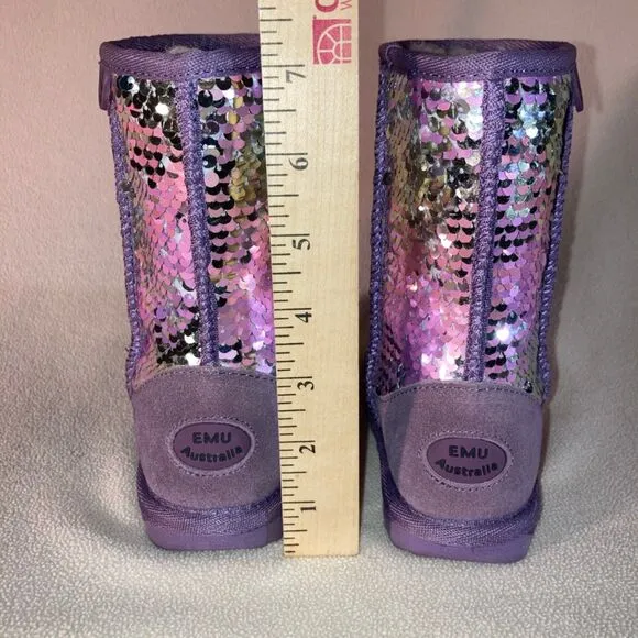 Emu Australia Boots Girls Sz 8 Lavender Sparkly Sequin Girly Suede Wool Slip-On