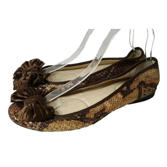 Enzo Angiolini Womens Ballet Flats 9M Brown Snake Skin Sequined Slip On Shoes