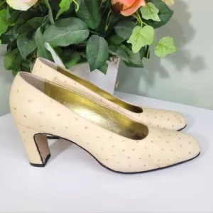 Escada Vintage 8.5 Ivory GENUINE Ostrich Leather Square Toe Pumps Shoes