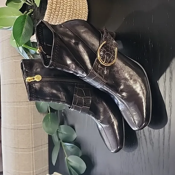 Etienne Aigner Barley Dark Brown Ankle Boots 6 Vegan Croc Buckle Straps