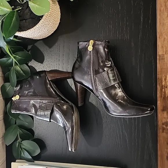 Etienne Aigner Barley Dark Brown Ankle Boots 6 Vegan Croc Buckle Straps