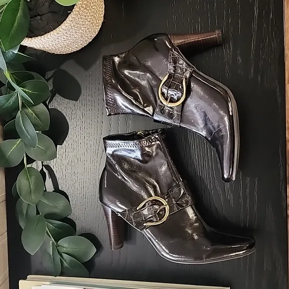 Etienne Aigner Barley Dark Brown Ankle Boots 6 Vegan Croc Buckle Straps