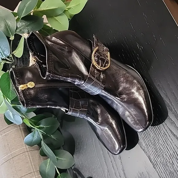Etienne Aigner Barley Dark Brown Ankle Boots 6 Vegan Croc Buckle Straps