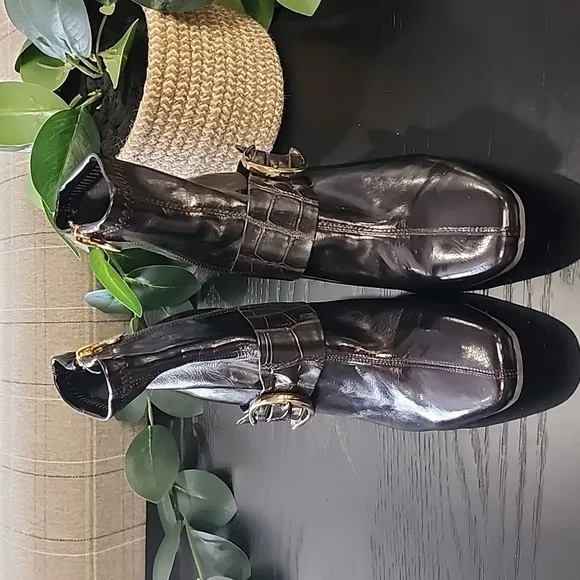 Etienne Aigner Barley Dark Brown Ankle Boots 6 Vegan Croc Buckle Straps
