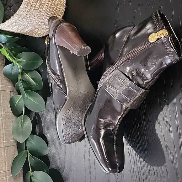 Etienne Aigner Barley Dark Brown Ankle Boots 6 Vegan Croc Buckle Straps