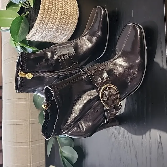 Etienne Aigner Barley Dark Brown Ankle Boots 6 Vegan Croc Buckle Straps