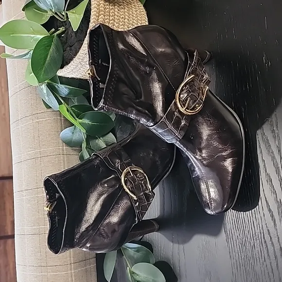 Etienne Aigner Barley Dark Brown Ankle Boots 6 Vegan Croc Buckle Straps