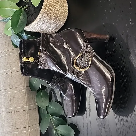 Etienne Aigner Barley Dark Brown Ankle Boots 6 Vegan Croc Buckle Straps