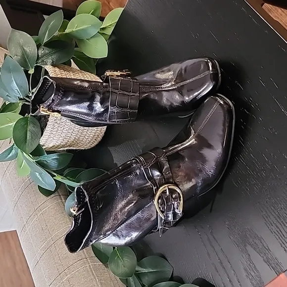 Etienne Aigner Barley Dark Brown Ankle Boots 6 Vegan Croc Buckle Straps