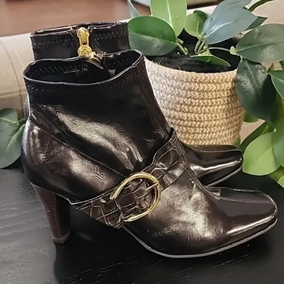 Etienne Aigner Barley Dark Brown Ankle Boots 6 Vegan Croc Buckle Straps