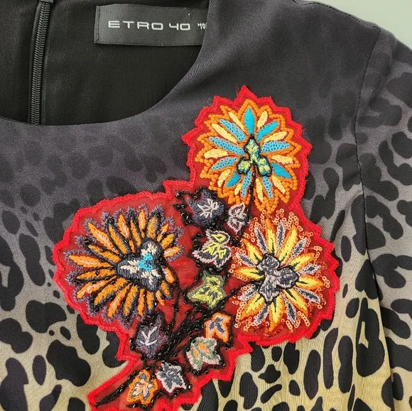 Etro Animal Print Floral Embellishment Italian Luxury Dress Sz 40