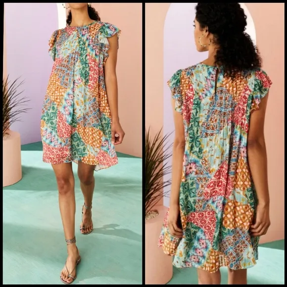 EUC Marie Oliver Catie Sleeveless Patchwork Silk Blend Dress