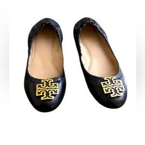 EUC💫TORY BURCH MELINDA Tumbled Leather Ballet Flats 5.5 Black/Gold dressy