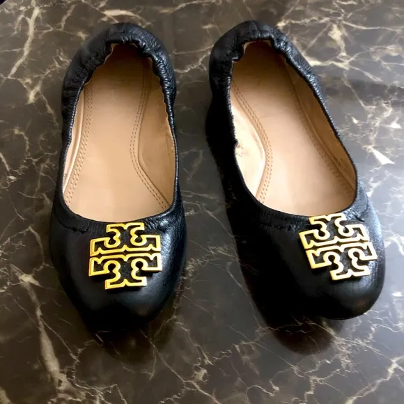 EUC💫TORY BURCH MELINDA Tumbled Leather Ballet Flats 5.5 Black/Gold dressy