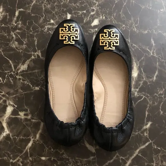EUC💫TORY BURCH MELINDA Tumbled Leather Ballet Flats 5.5 Black/Gold dressy