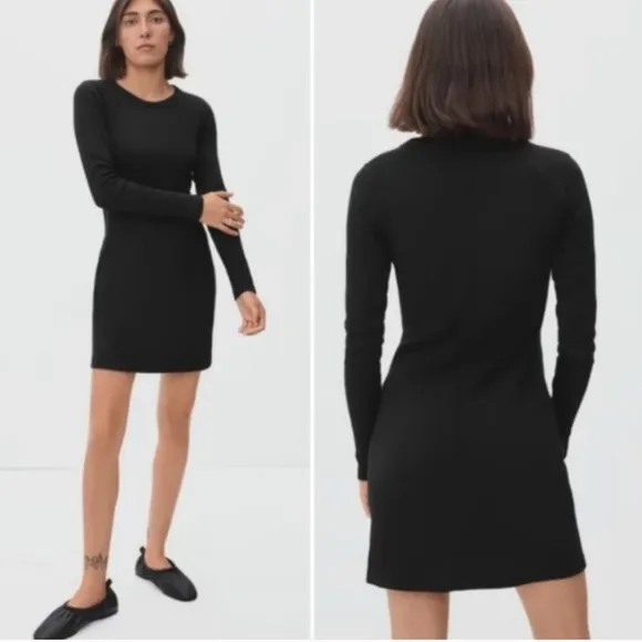 Everlane Organic Cotton Ribbed Long Sleeve Mini Dress Black Size L
