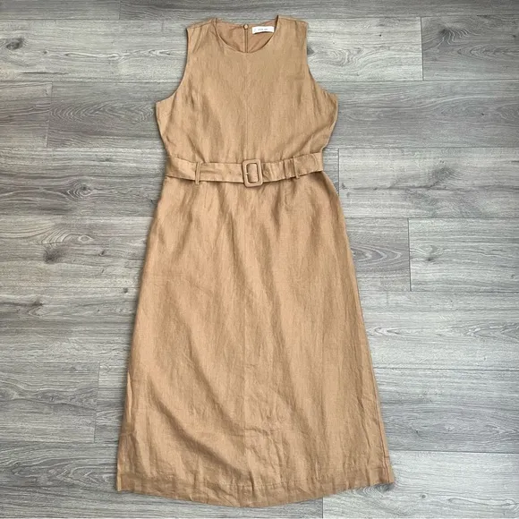 EVERLANE The Linen Belted Midi Dress Size 8 Tiger's Eye Tan Minimalist Neutral