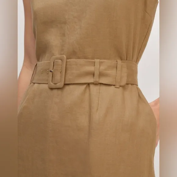 EVERLANE The Linen Belted Midi Dress Size 8 Tiger's Eye Tan Minimalist Neutral